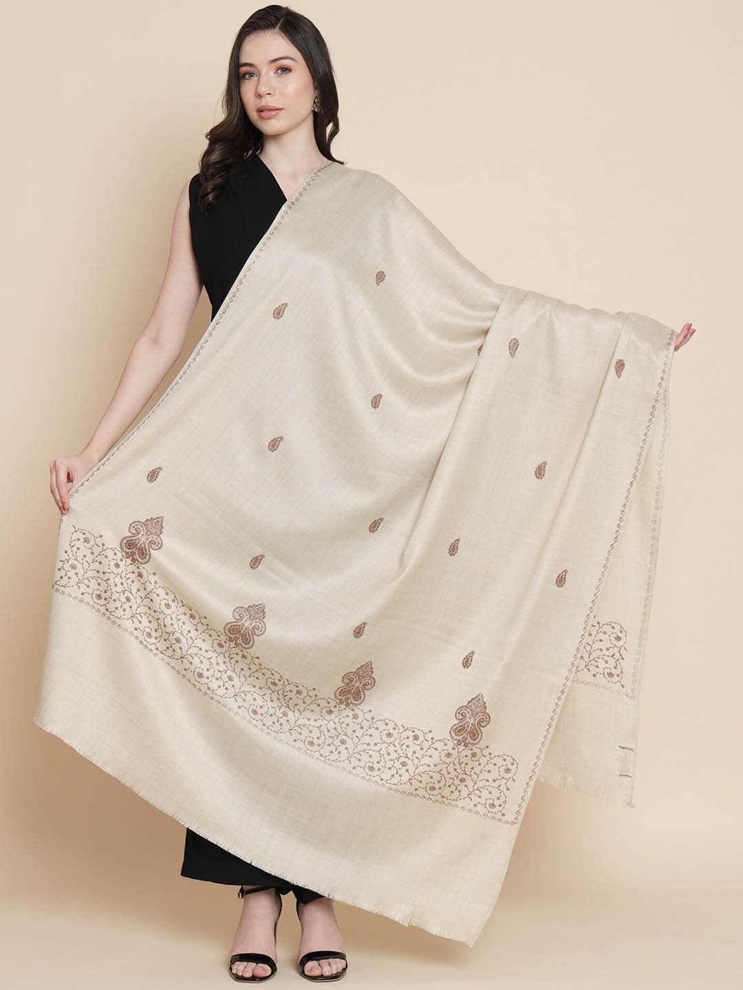 

Pashtush Ethnic Motifs Embroidered Shawl, Beige