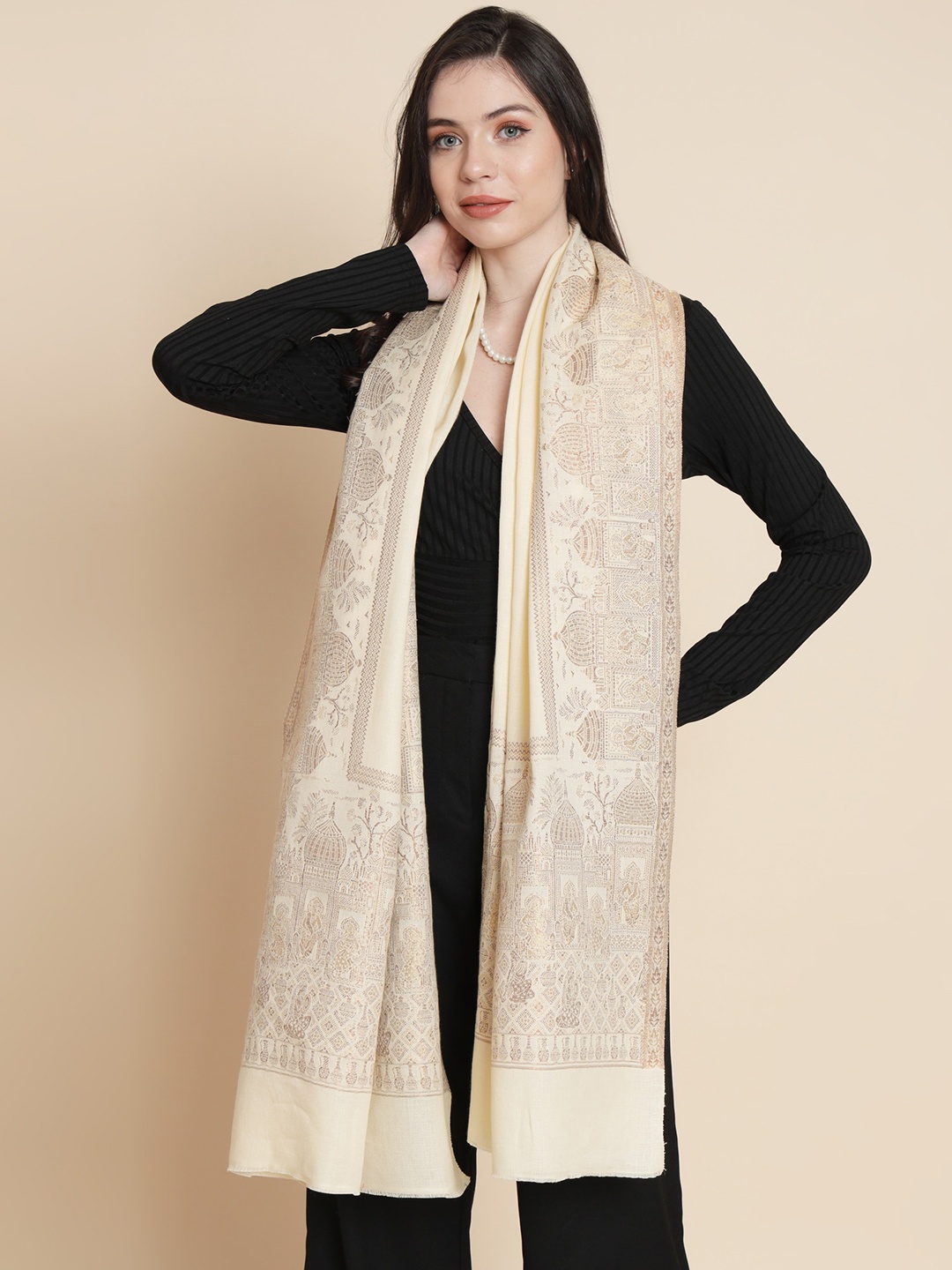 

Pashtush Ethnic Motifs Woven-Design Shawl, Cream