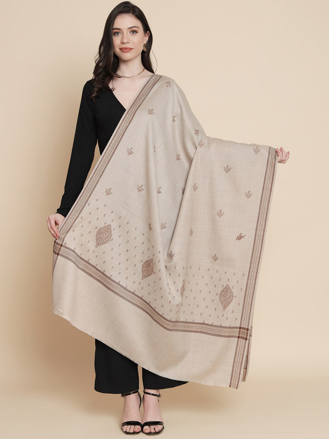 

Pashtush Ethnic Motifs Embroidered Shawl, Brown