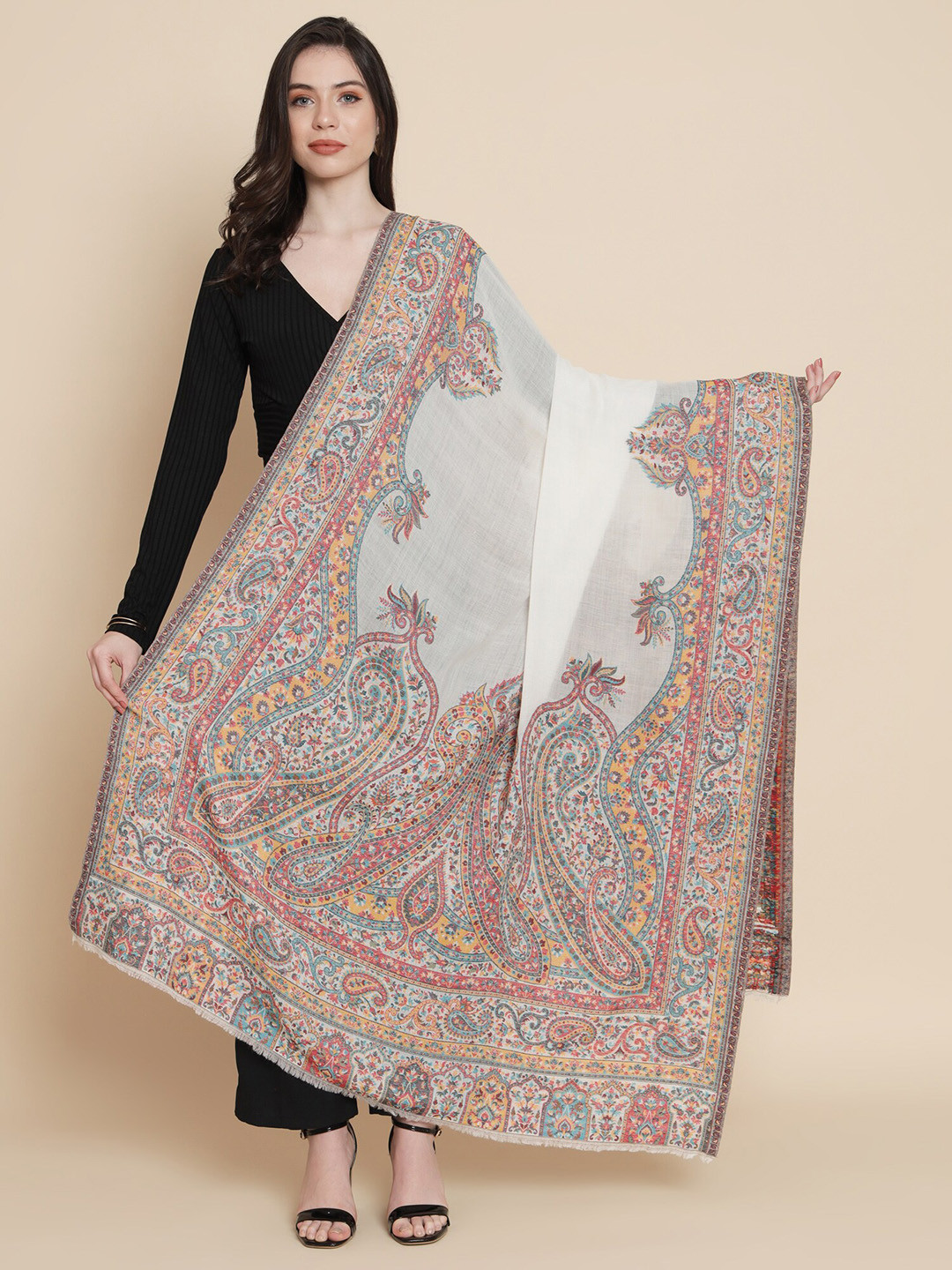 

Pashtush Ethnic Motifs Woven-Design Wool Shawl, Cream