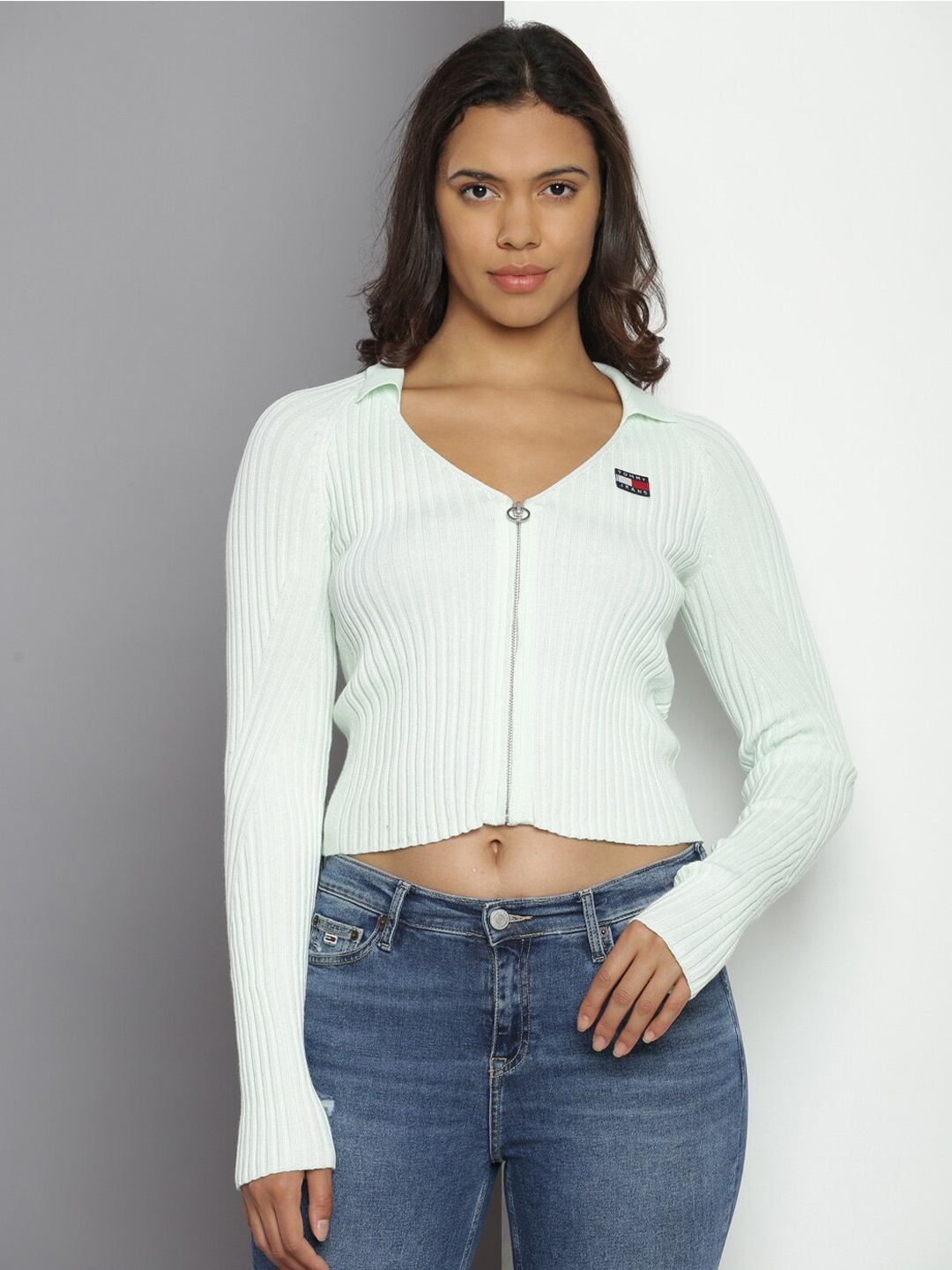 

Tommy Hilfiger Ribbed V-Neck Crop Cardigan, Green