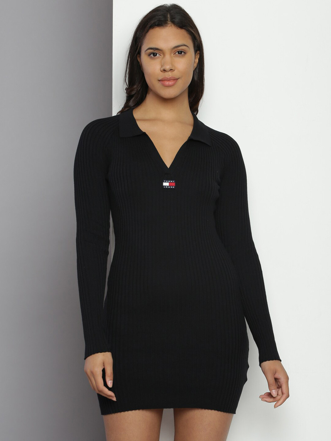 

Tommy Hilfiger Self Design Shirt Collar Raglan Sleeves Ribbed Bodycon Dress, Black