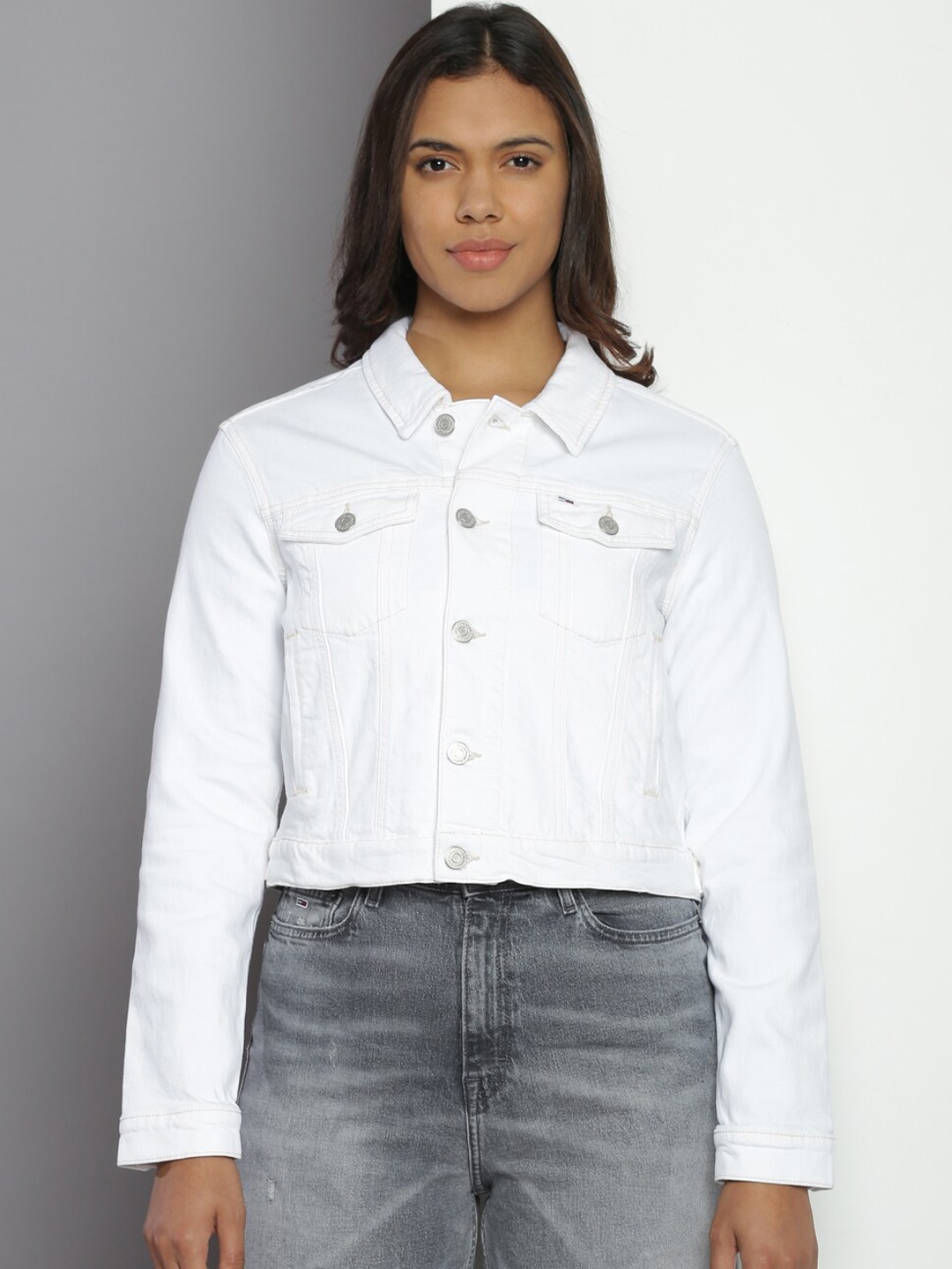 

Tommy Hilfiger Washed Spread Collar Crop Denim Jacket, White