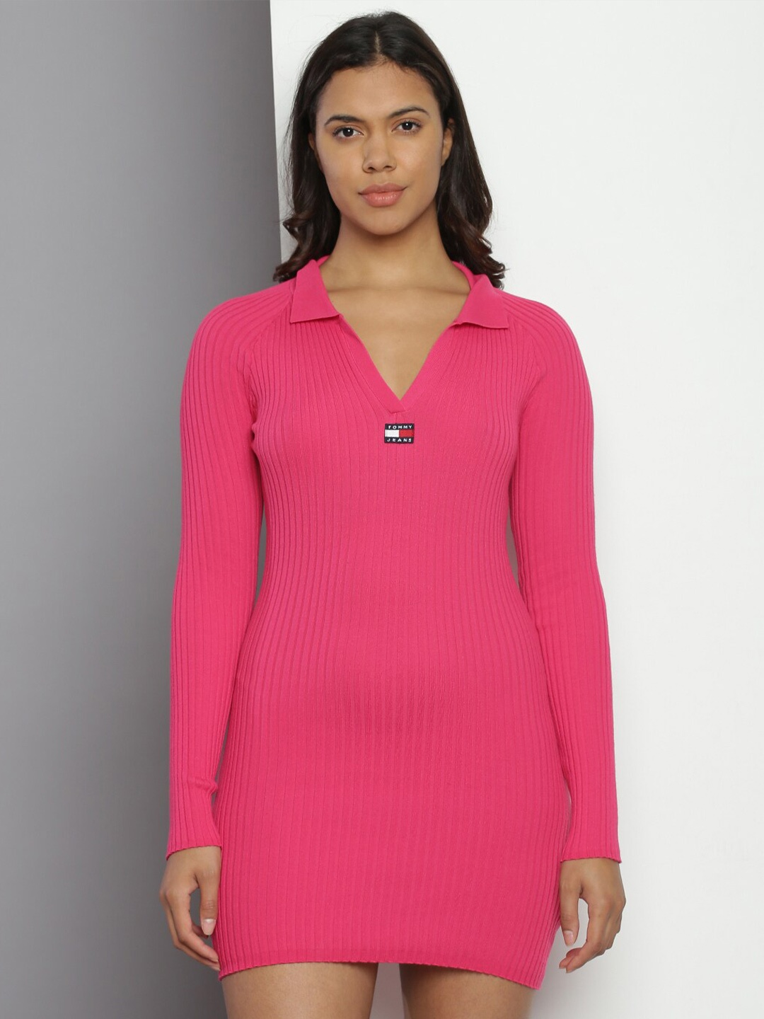 

Tommy Hilfiger Self Design Shirt Collar Raglan Sleeves Ribbed Bodycon Dress, Pink
