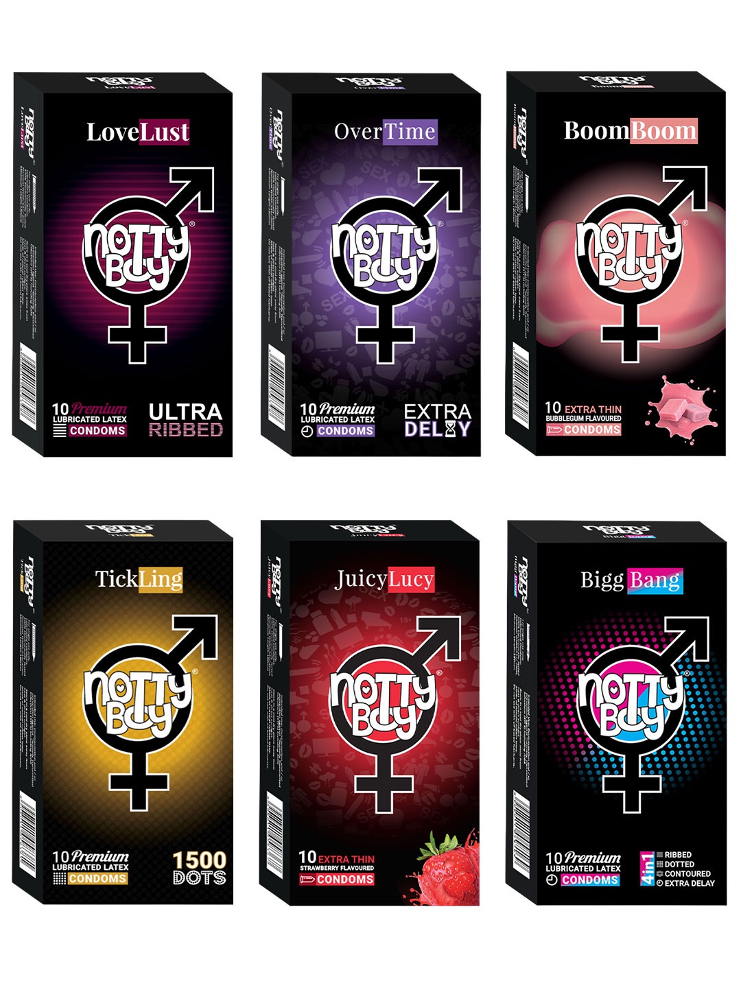 

noTTy Boy Set Of 6 Extra Lubricated Condoms with Disposal Pouches - 10 Pcs Each, Multi