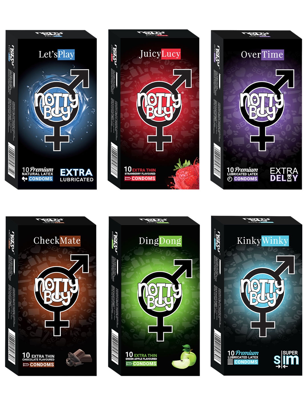 

noTTy Boy Set Of 6 Extra Lubricated Condoms with Disposal Pouches - 10 Pcs Each, Multi
