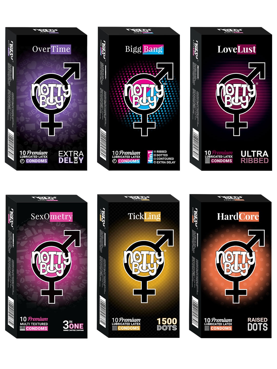 

noTTy Boy Set Of 6 Extra Lubricated Condoms with Disposal Pouches - 10 Pcs Each, Multi