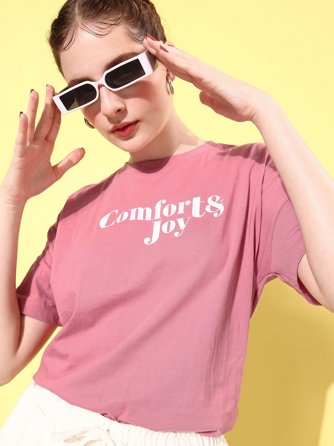 

Mast & Harbour Typography Printed Drop-Shoulder Sleeves T-shirt, Rose