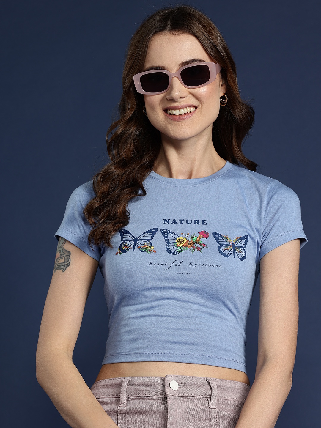 

Mast & Harbour Printed Crop T-shirt, Blue