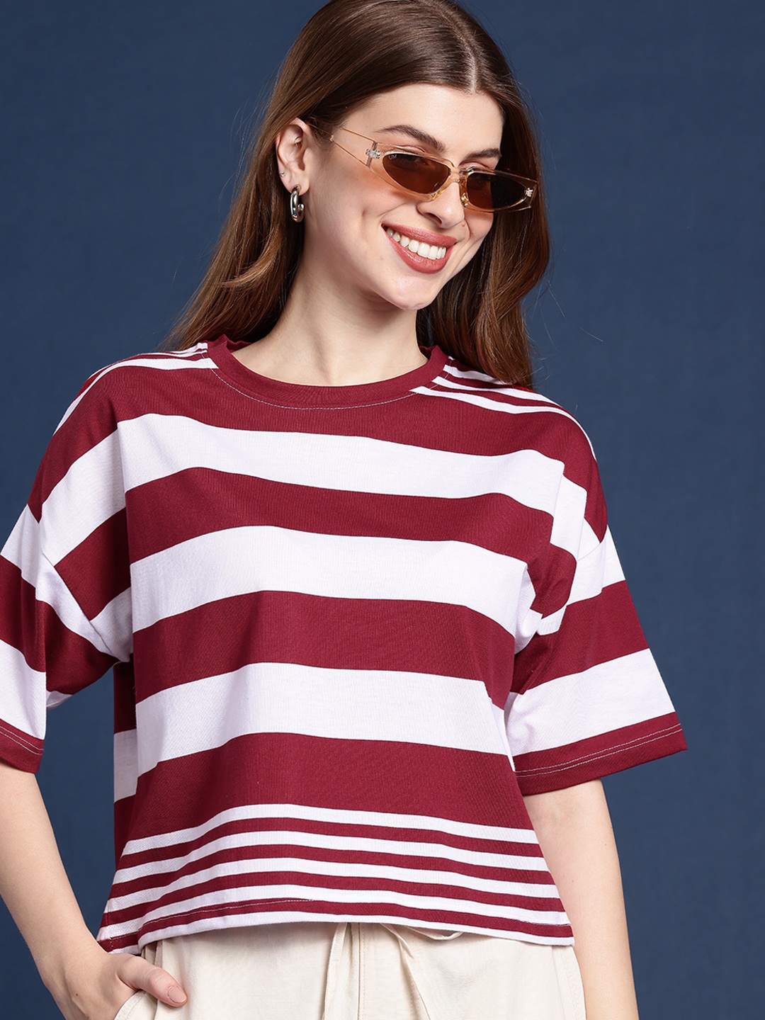

Mast & Harbour Striped Drop-Shoulder Sleeves Boxy T-shirt, White