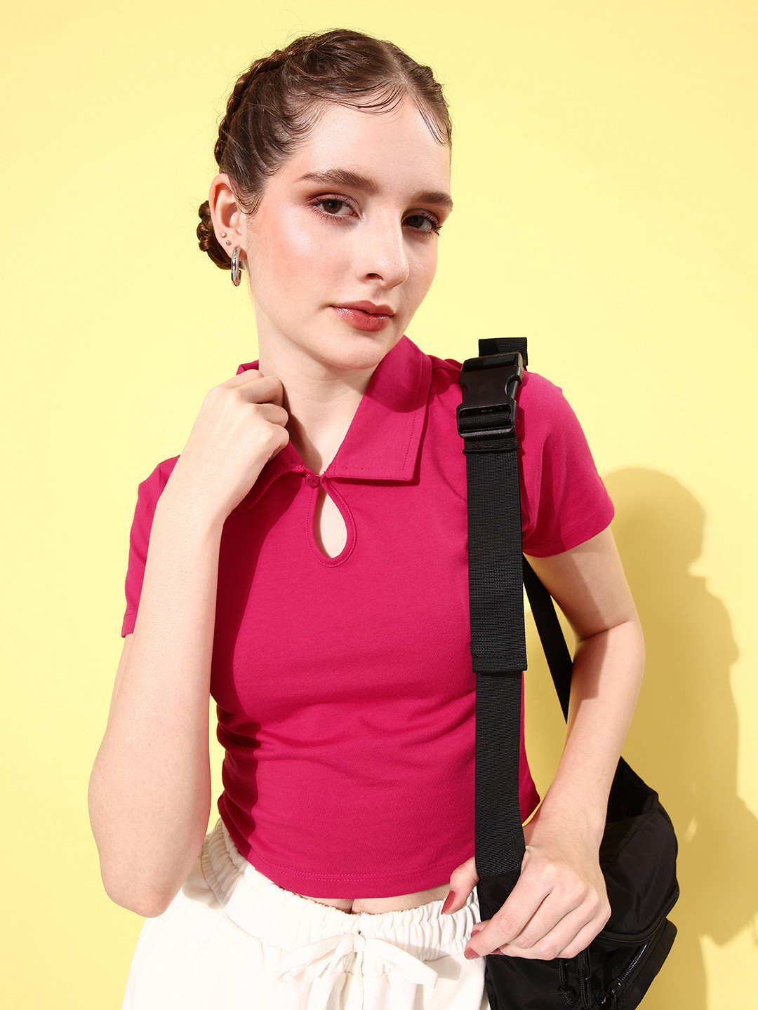 

Mast & Harbour Solid Polo Collar Crop T-shirt, Fuchsia