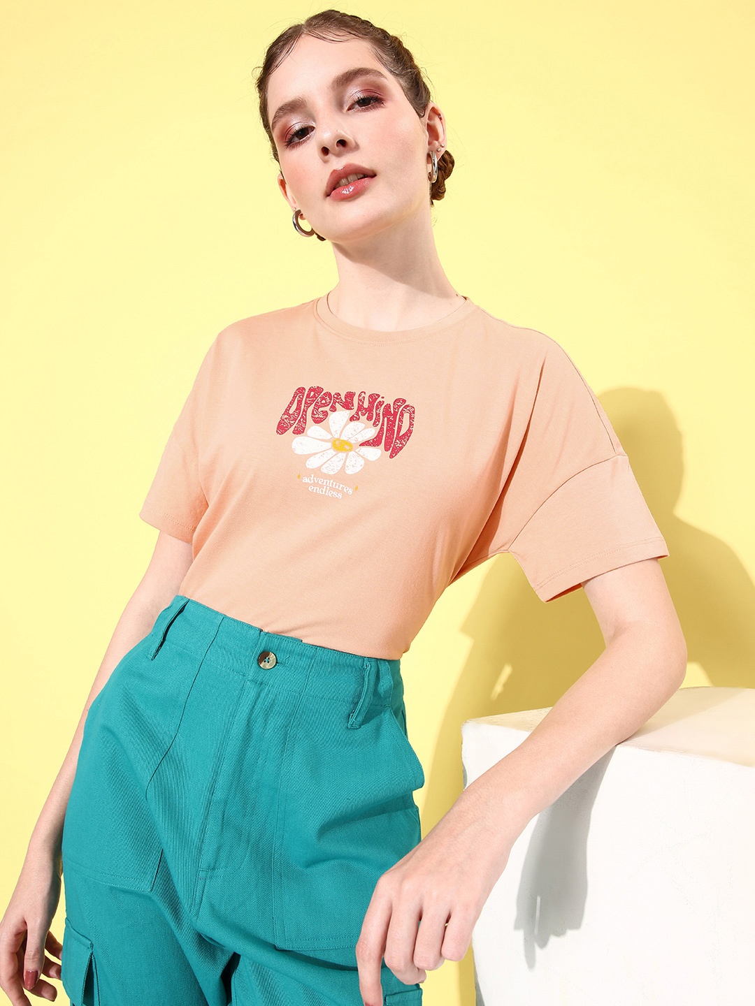 

Mast & Harbour Typography Printed Drop-Shoulder Sleeves T-shirt, Peach