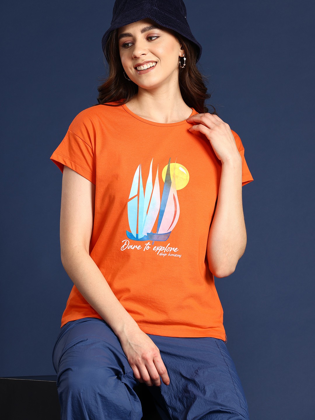 

Mast & Harbour Printed Drop-Shoulder Sleeves T-shirt, Orange