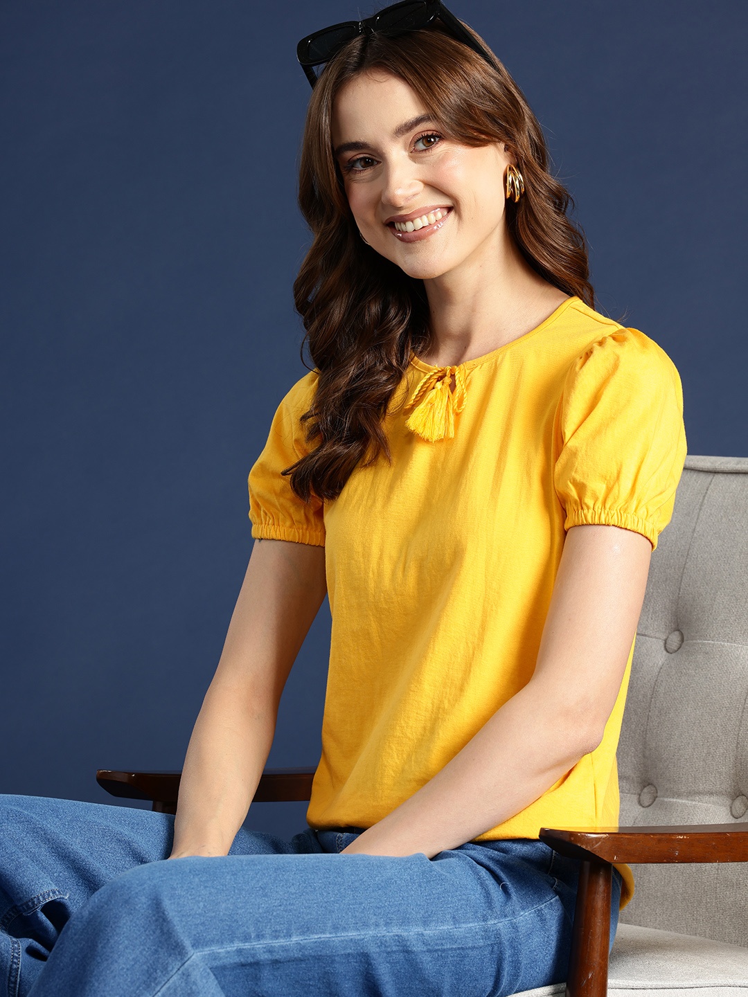 

Mast & Harbour Tie-Up Neck Puff Sleeve Top, Yellow