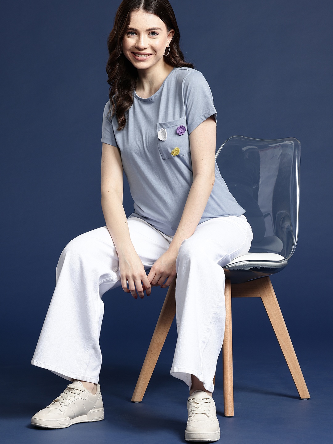 

Mast & Harbour Floral Applique Pocket T-shirt, Blue