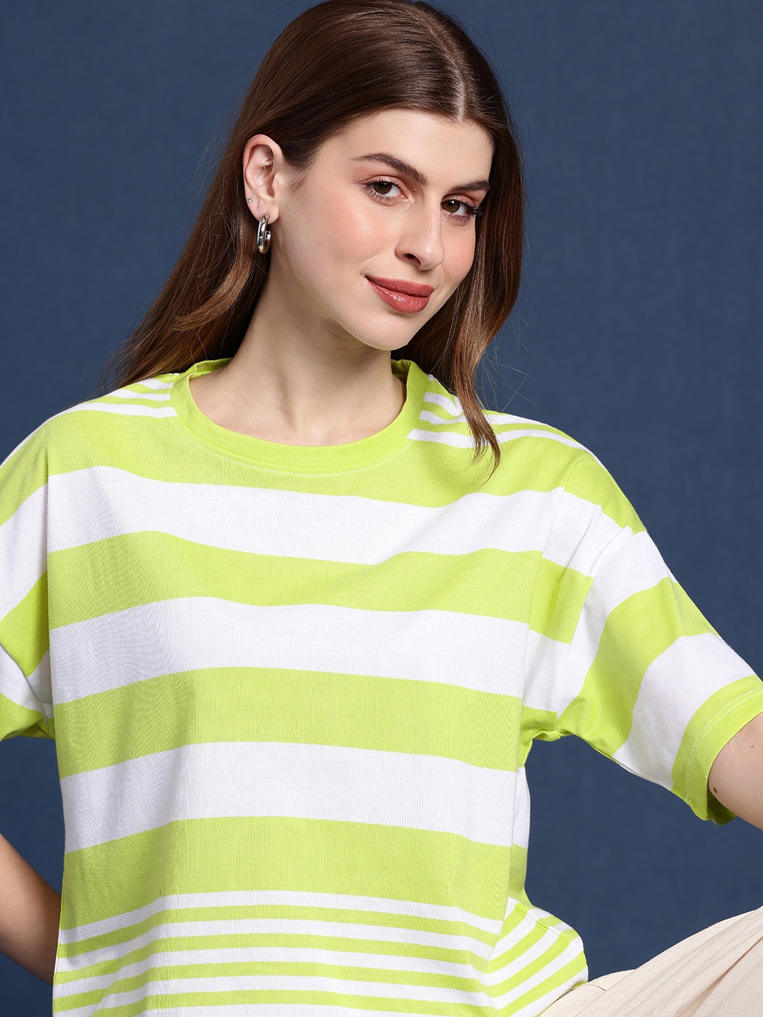 

Mast & Harbour Striped Drop-Shoulder Sleeves Boxy T-shirt, White