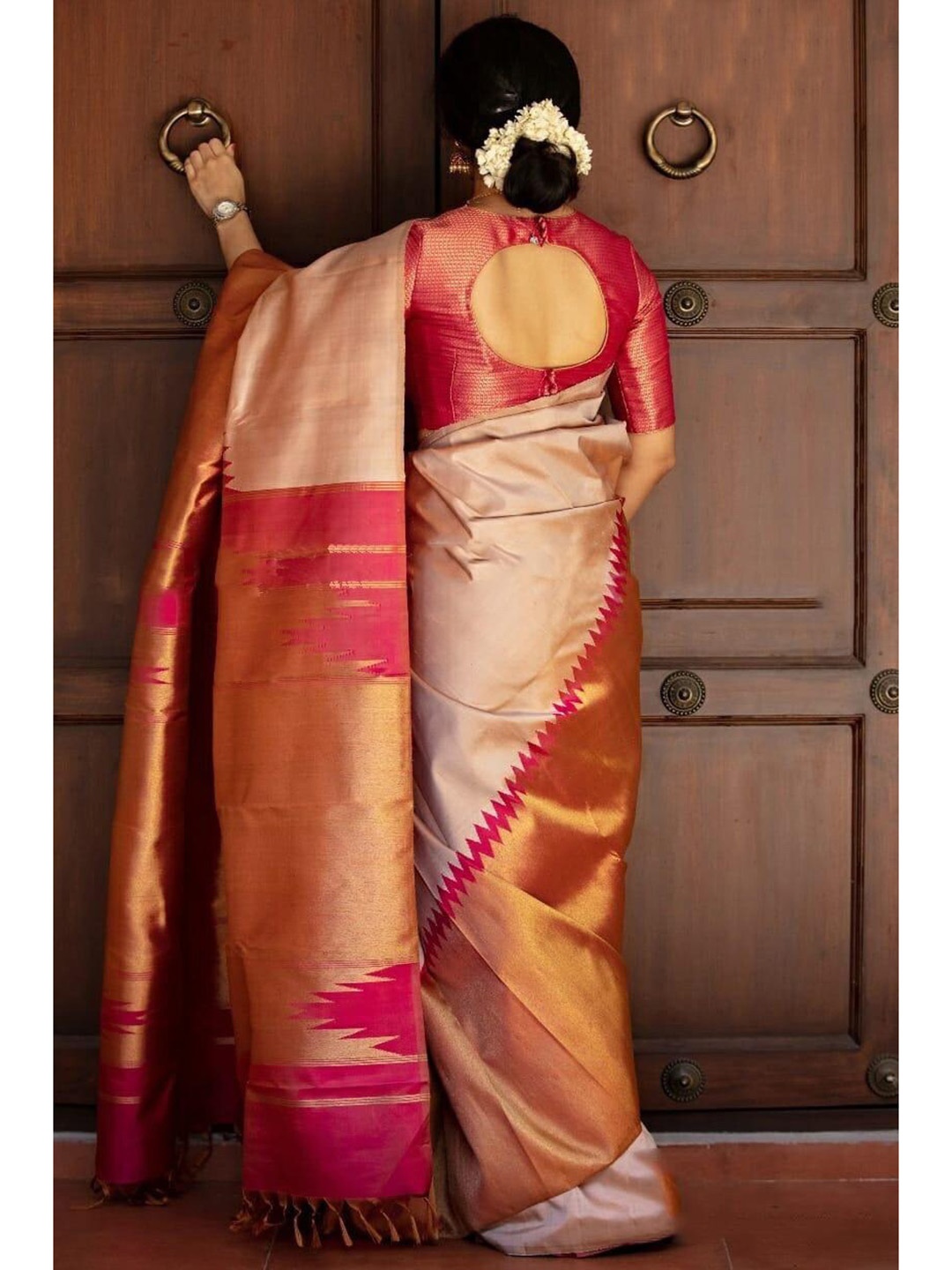 

KALINI Woven Design Zari Silk Blend Banarasi Saree, Peach