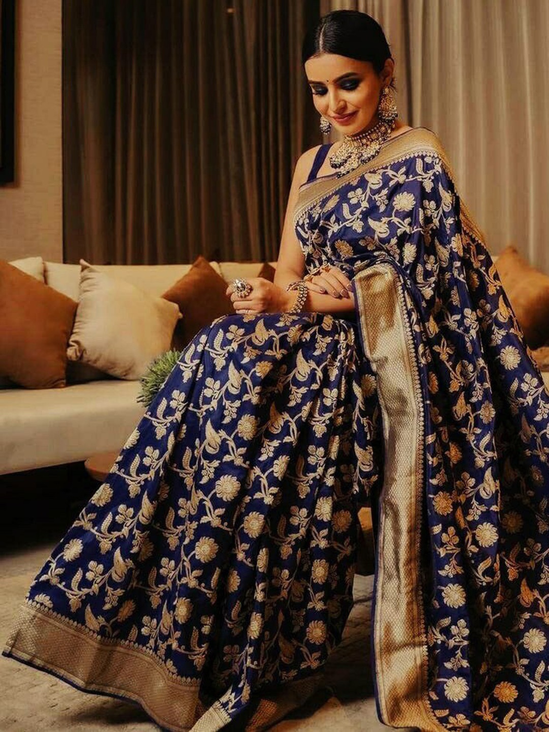 

KALINI Floral Zari Silk Blend Banarasi Saree, Navy blue