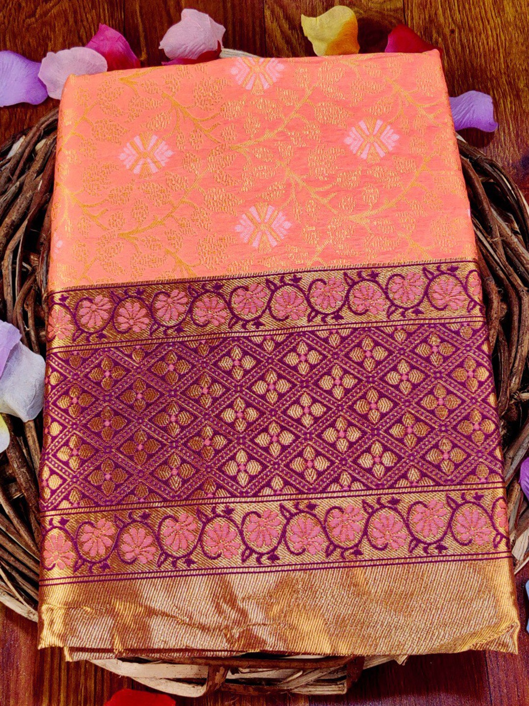 

KALINI Floral Woven Design Zari Banarasi Saree, Peach