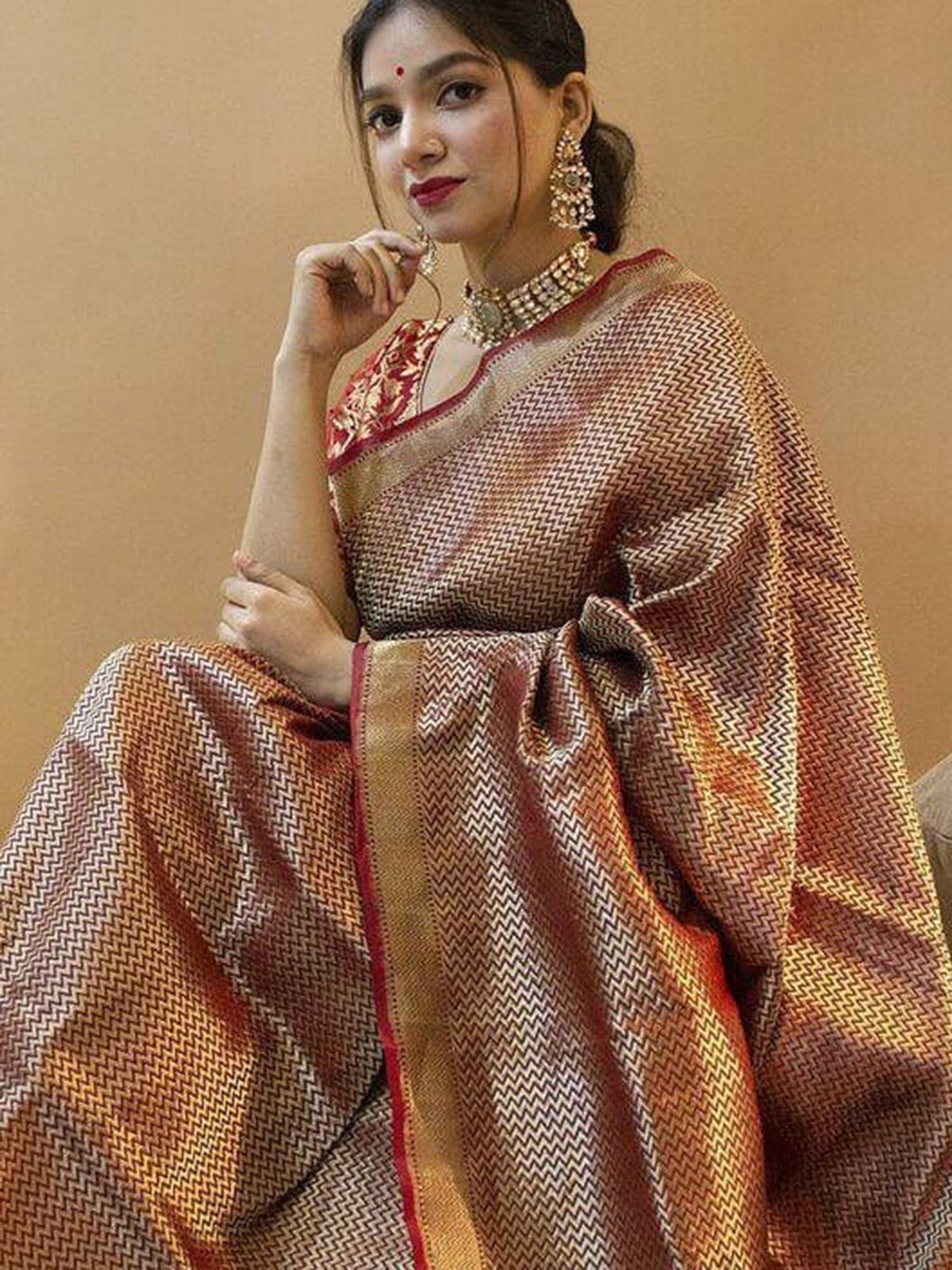

KALINI Woven Design Zari Silk Blend Kanjeevaram Saree, Red