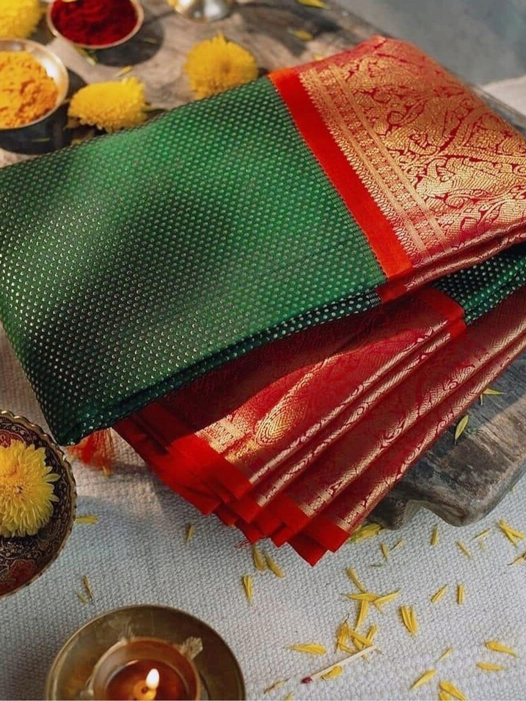 

KALINI Ethnic Motifs Zari Banarasi Saree, Green