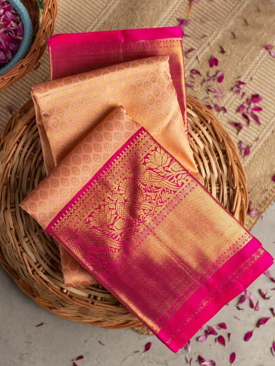 

KALINI Ethnic Motifs Woven Design Zari Banarasi Saree, Peach