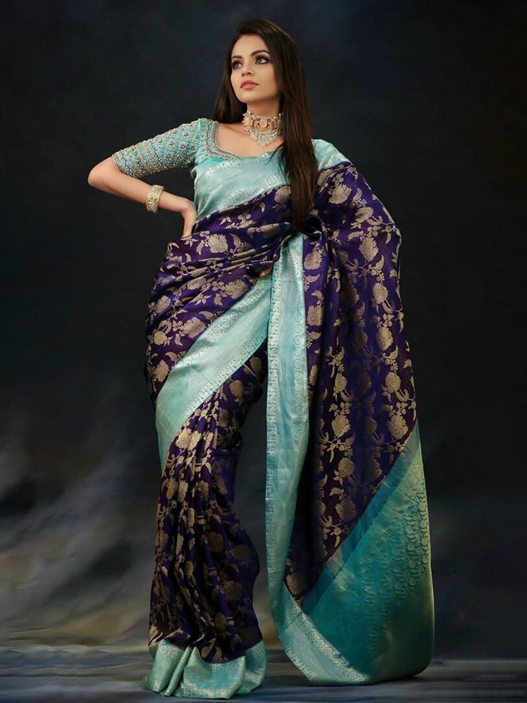 

KALINI Woven Design Zari Silk Blend Kanjeevaram Saree, Navy blue