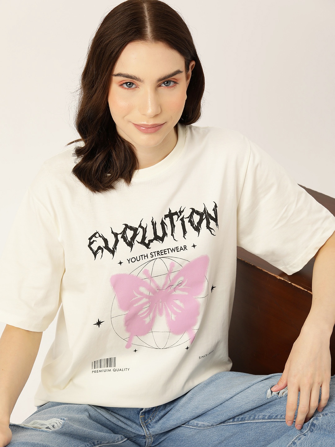 

DressBerry Printed Drop-Shoulder Sleeves Loose Pure Cotton Longline T-shirt, White