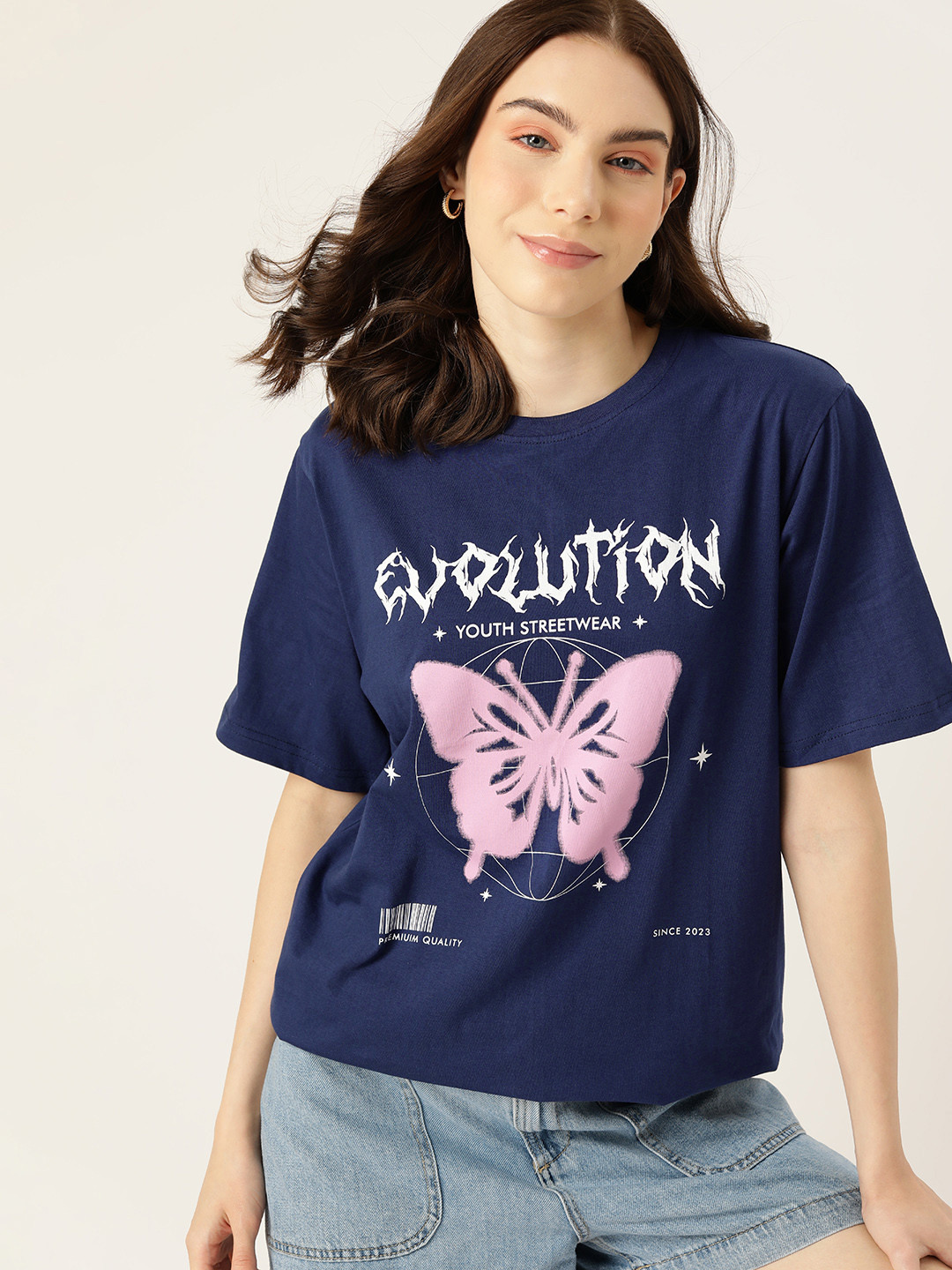 

DressBerry Printed Drop-Shoulder Sleeves Loose Pure Cotton Longline T-shirt, Navy blue