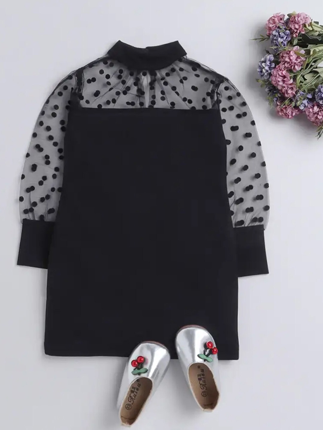 

ADDYVERO Girls Self Design Puff Sleeves Mock Collar Cotton Lycra A-Line Dress, Black