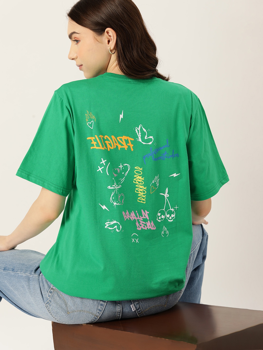

DressBerry Printed Drop-Shoulder Sleeves Loose Pure Cotton Longline T-shirt, Green