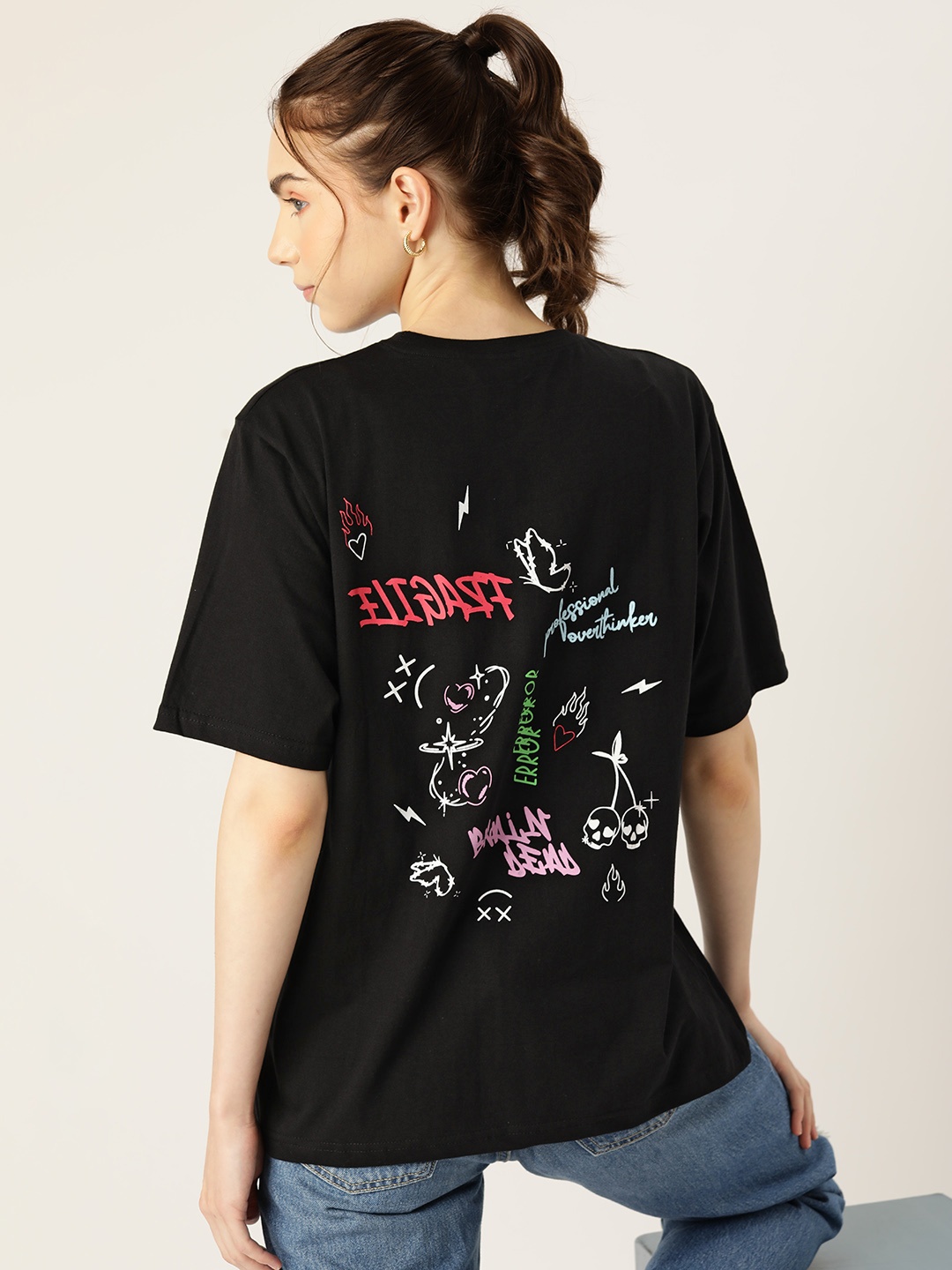 

DressBerry Printed Drop-Shoulder Sleeves Loose Pure Cotton Longline T-shirt, Black