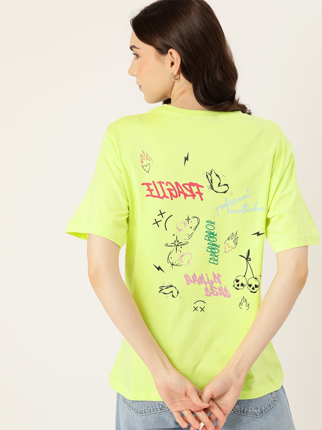 

DressBerry Printed Drop-Shoulder Sleeves Loose Pure Cotton Longline T-shirt, Lime green