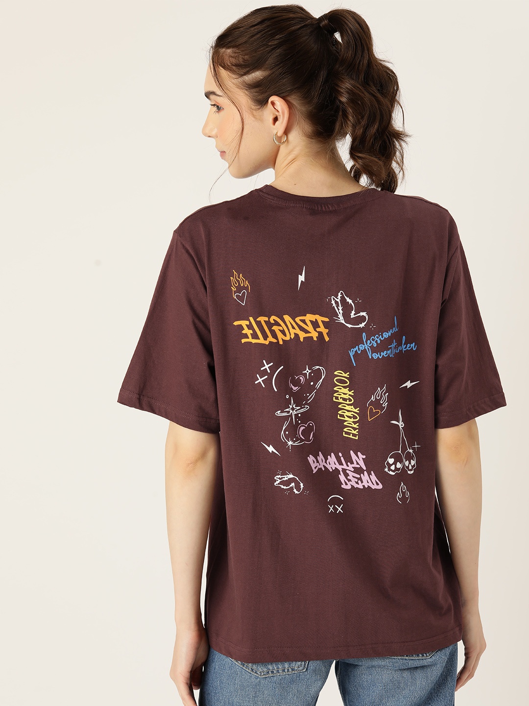 

DressBerry Printed Drop-Shoulder Sleeves Loose Pure Cotton Longline T-shirt, Brown
