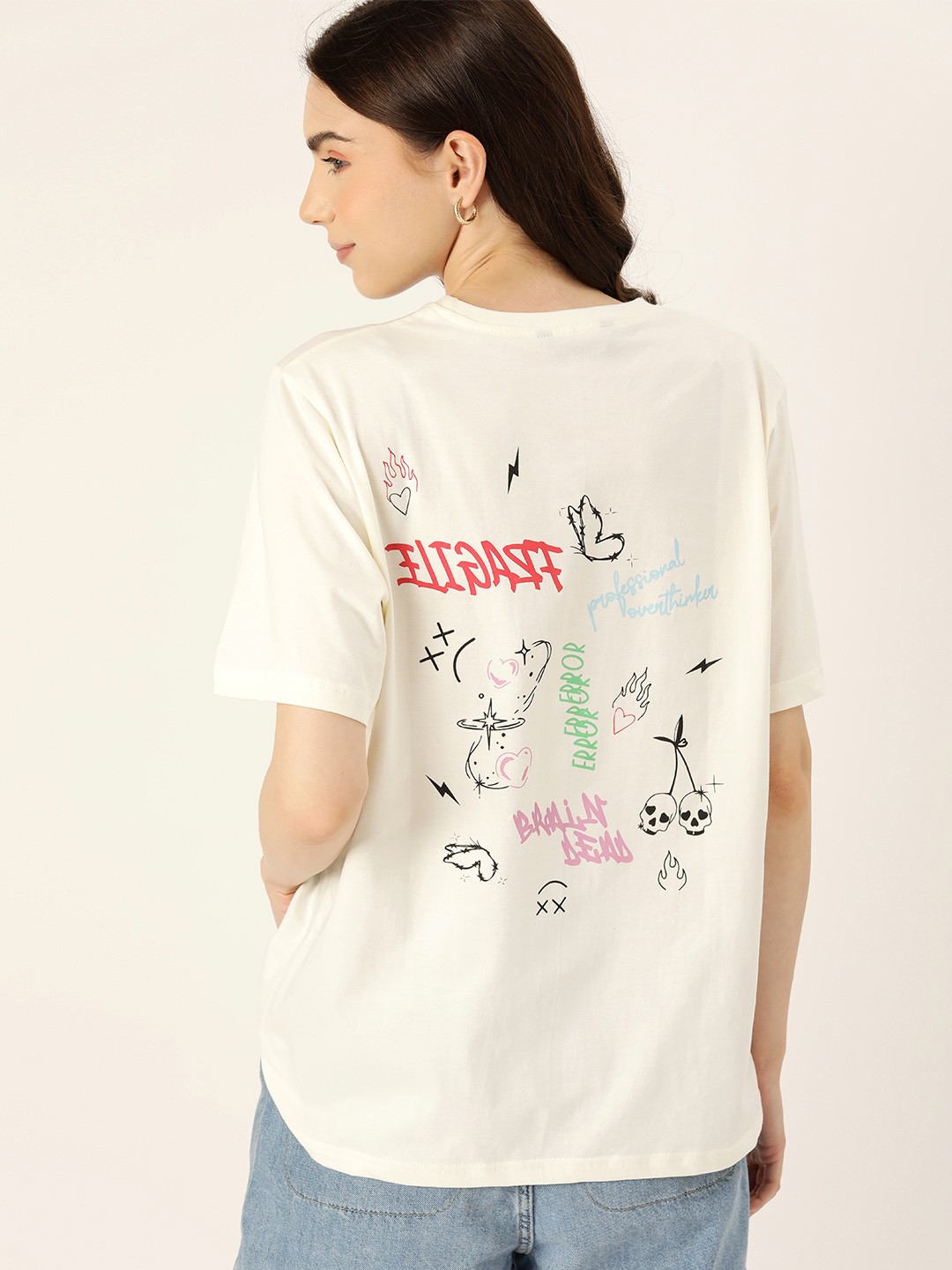 

DressBerry Printed Drop-Shoulder Sleeves Loose Pure Cotton Longline T-shirt, White
