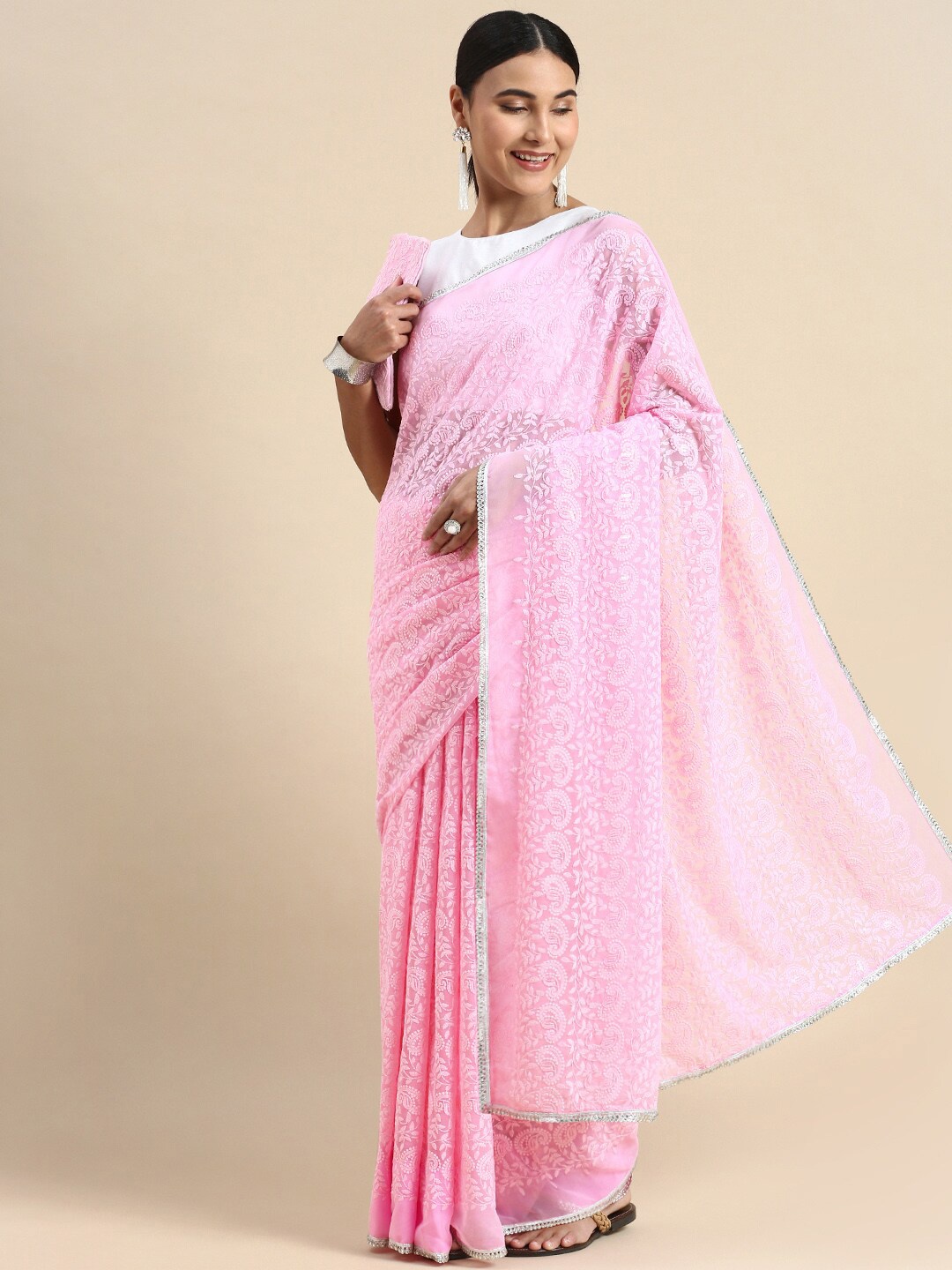 

LTS Label Tripti Saxena Chikankari Embroidered Pure Georgette Saree, Pink