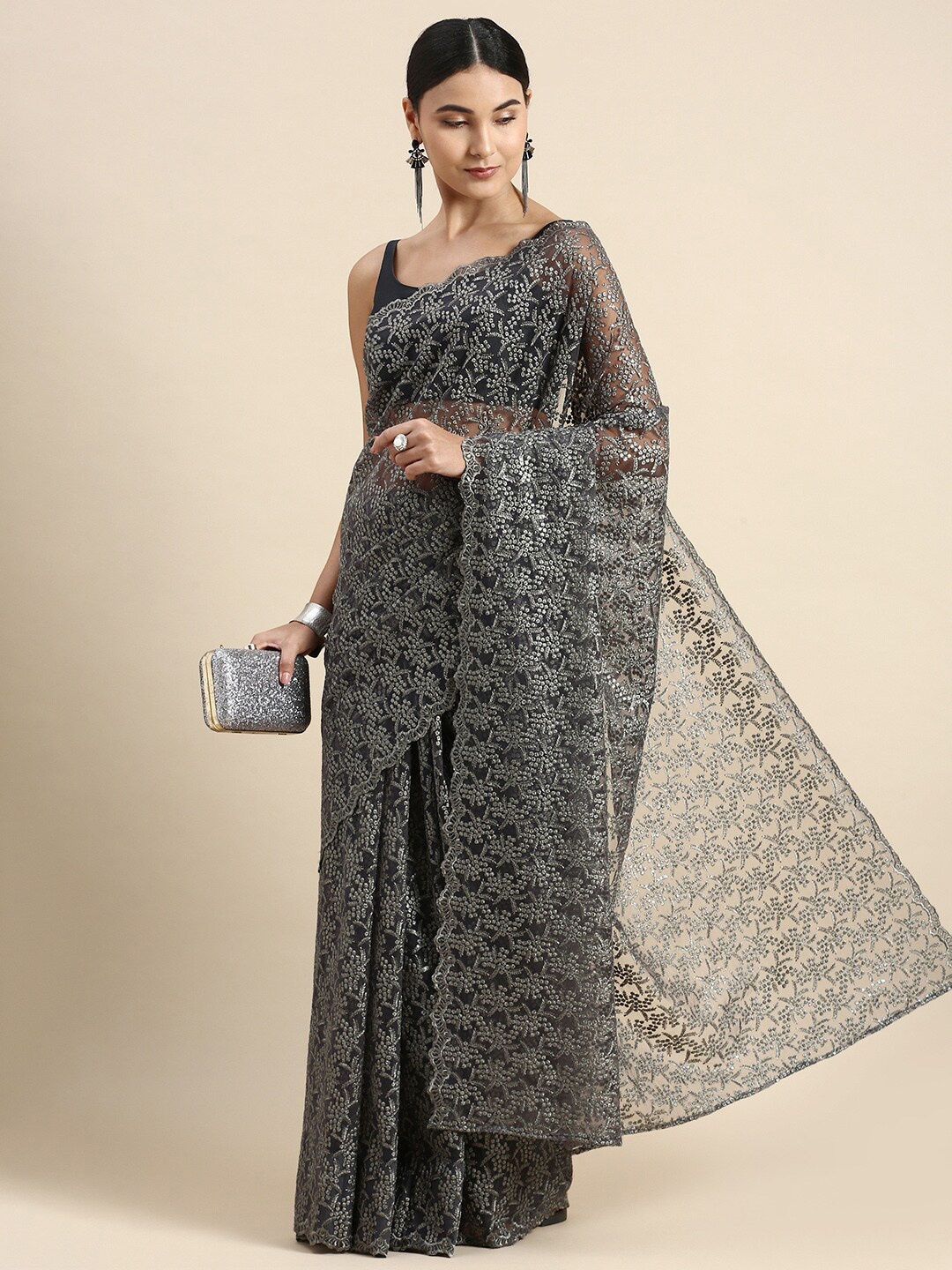 

LTS Label Tripti Saxena Ethnic Motifs Embroidered Net Saree, Grey