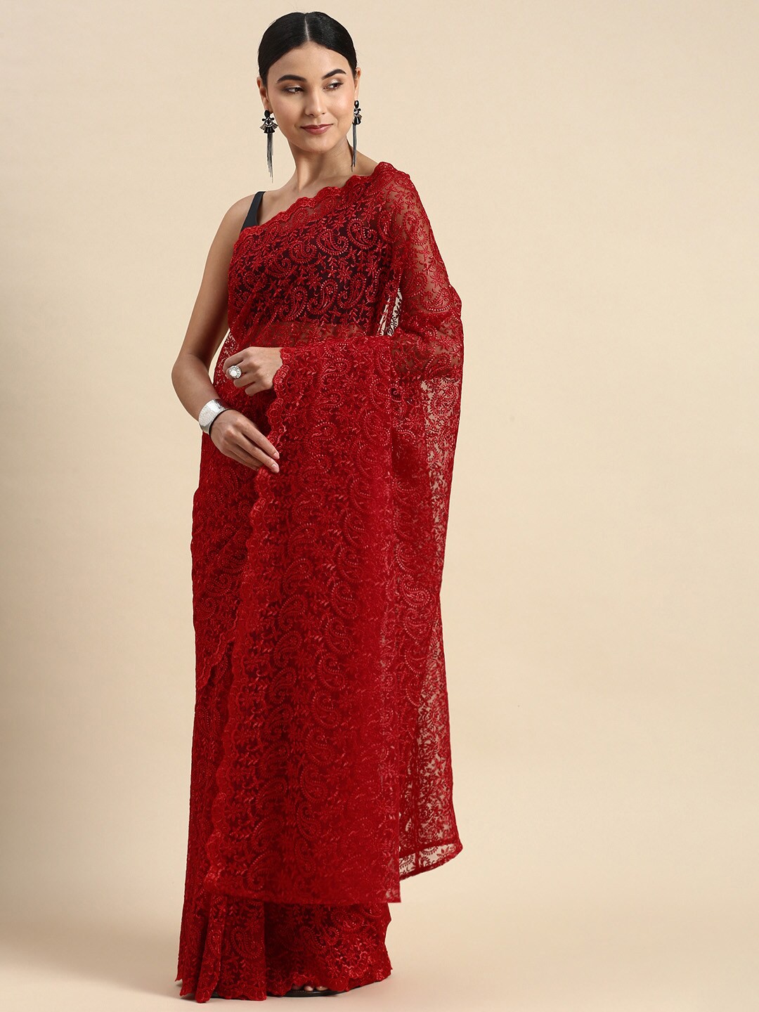

LTS Label Tripti Saxena Ethnic Motifs Embroidered Chikankari Net Saree, Red