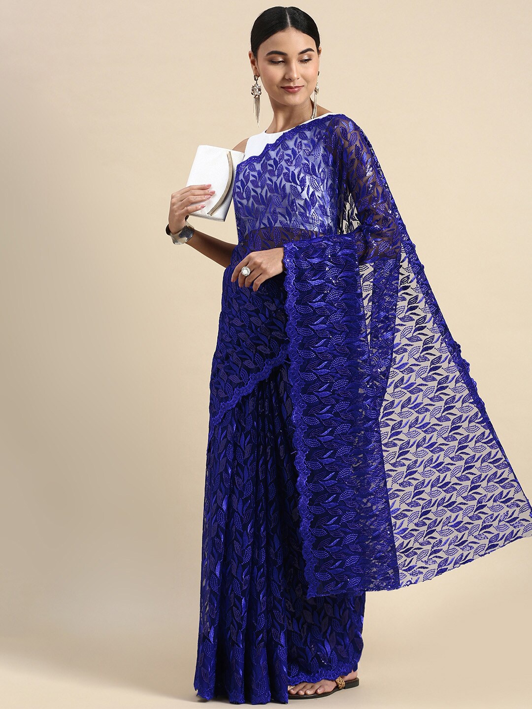

LTS Label Tripti Saxena Ethnic Motifs Embroidered Net Saree, Blue
