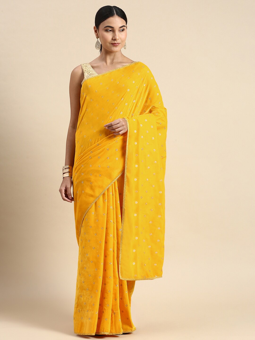 

LTS Label Tripti Saxena Embellished Embroidered Velvet Saree, Yellow