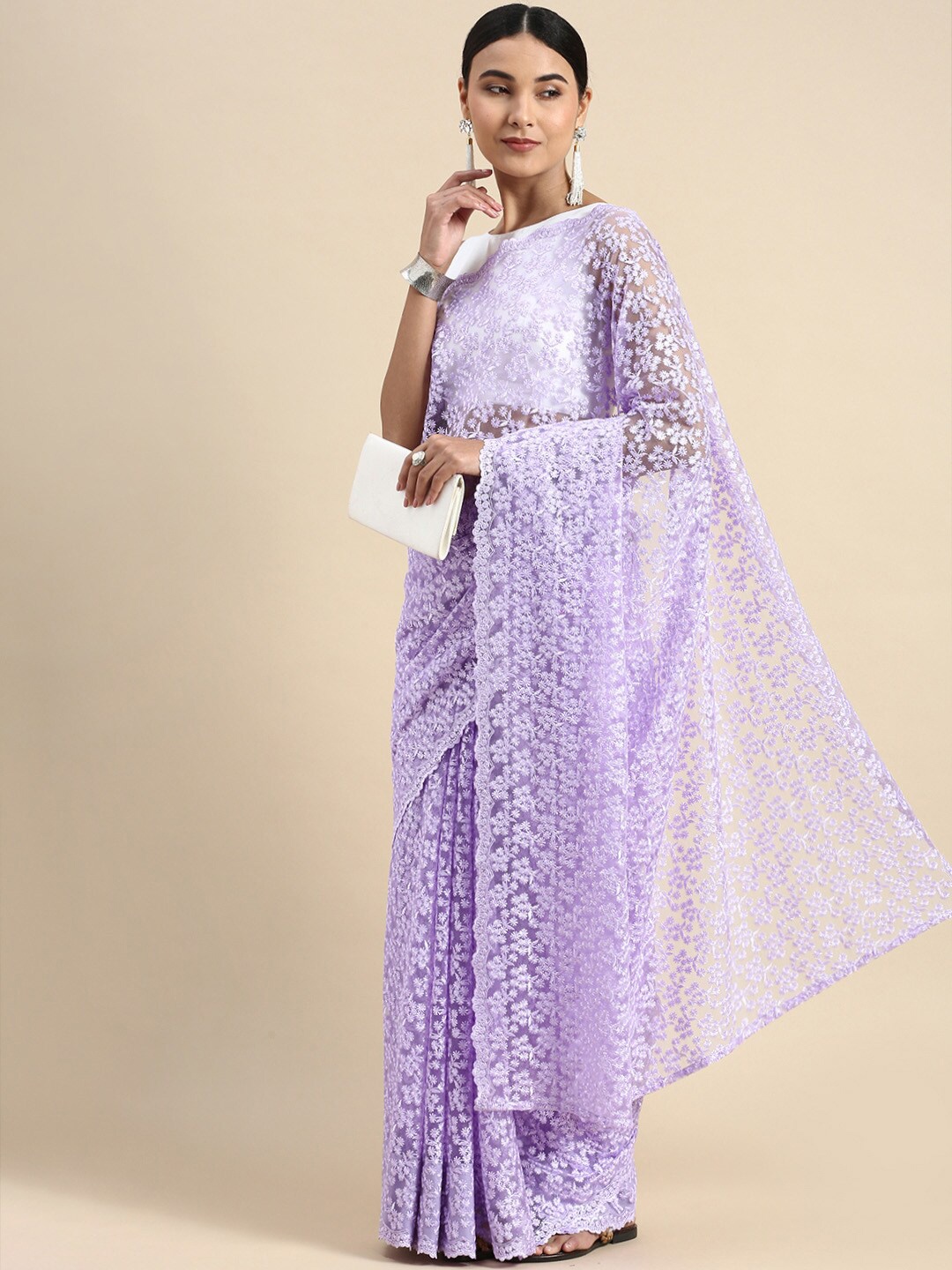 

LTS Label Tripti Saxena Ethnic Motifs Embroidered Pure Georgette Saree, Lavender