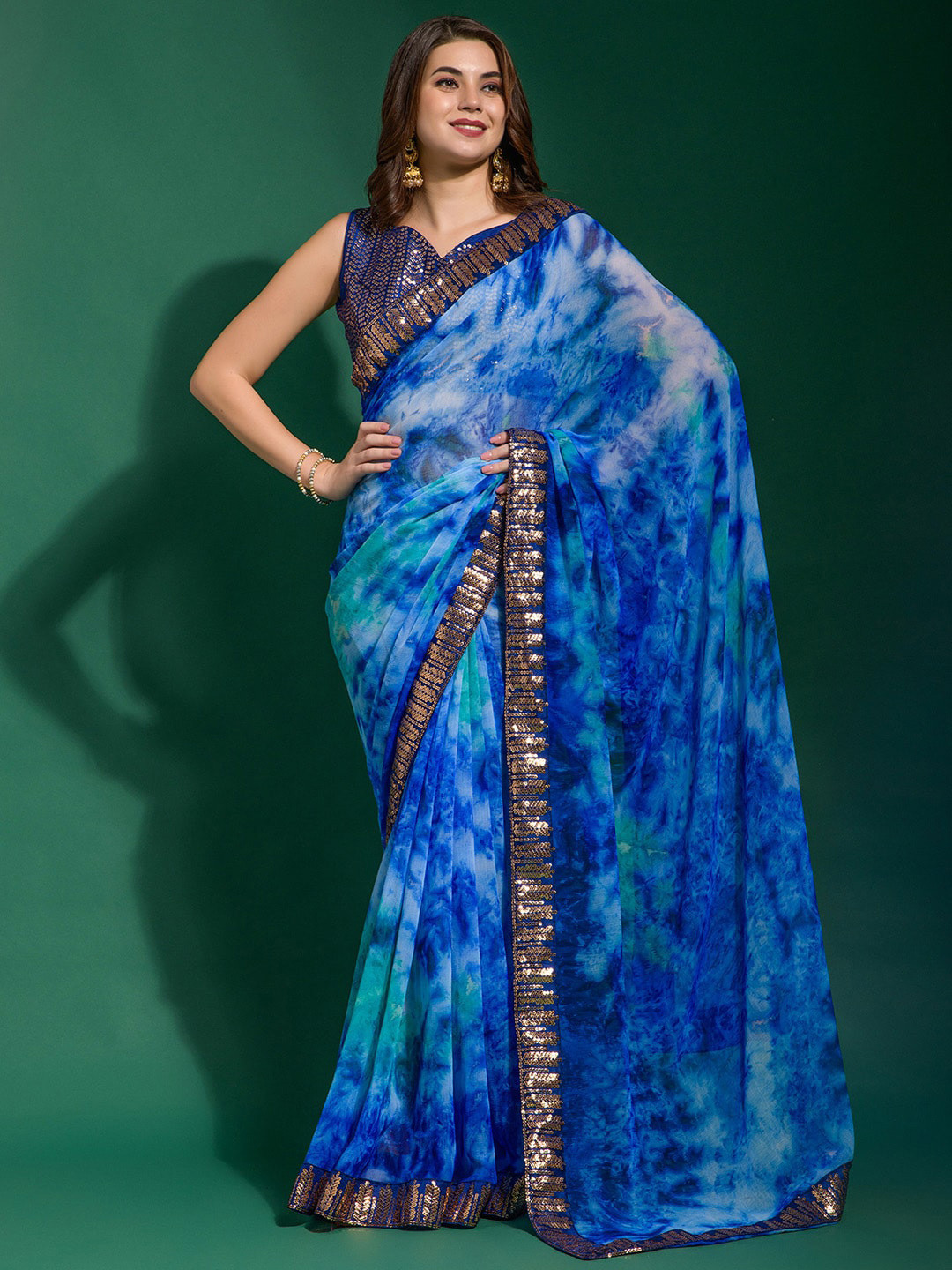 

Satrani Blue & White Tie and Dye Embroidered Saree