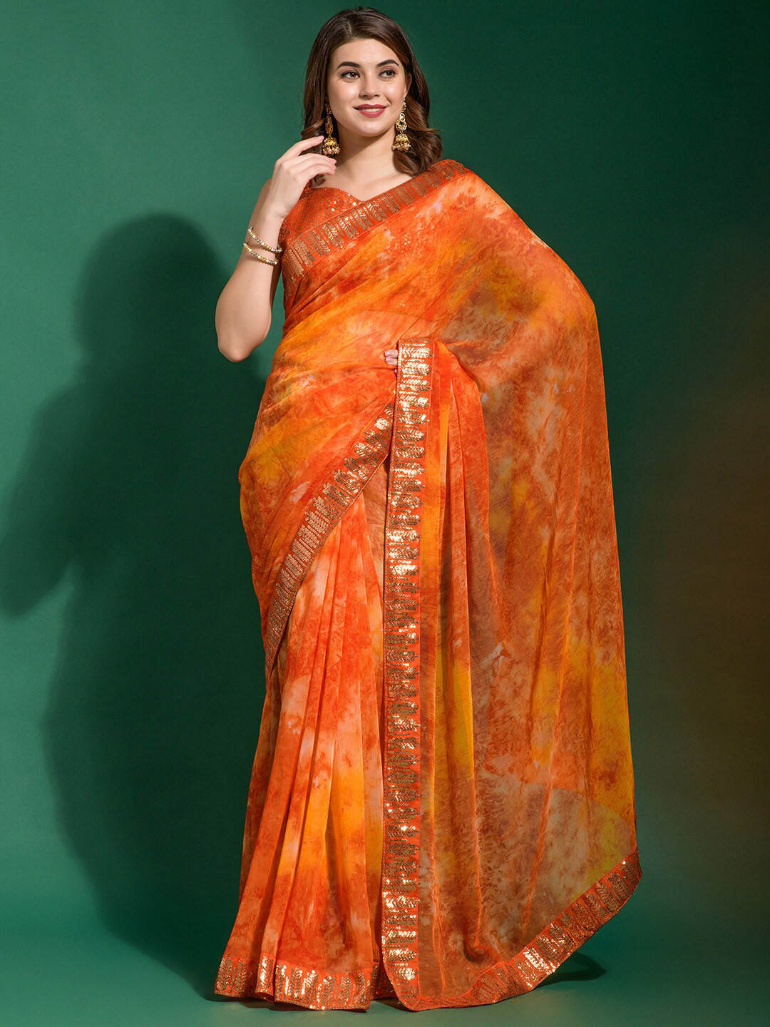 

Satrani Tie and Dye Embroidered Poly Chiffon Saree, Orange