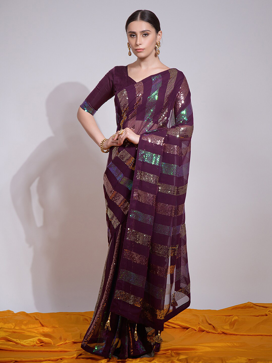 

Satrani Embroidered Striped Sequinned Saree, Purple