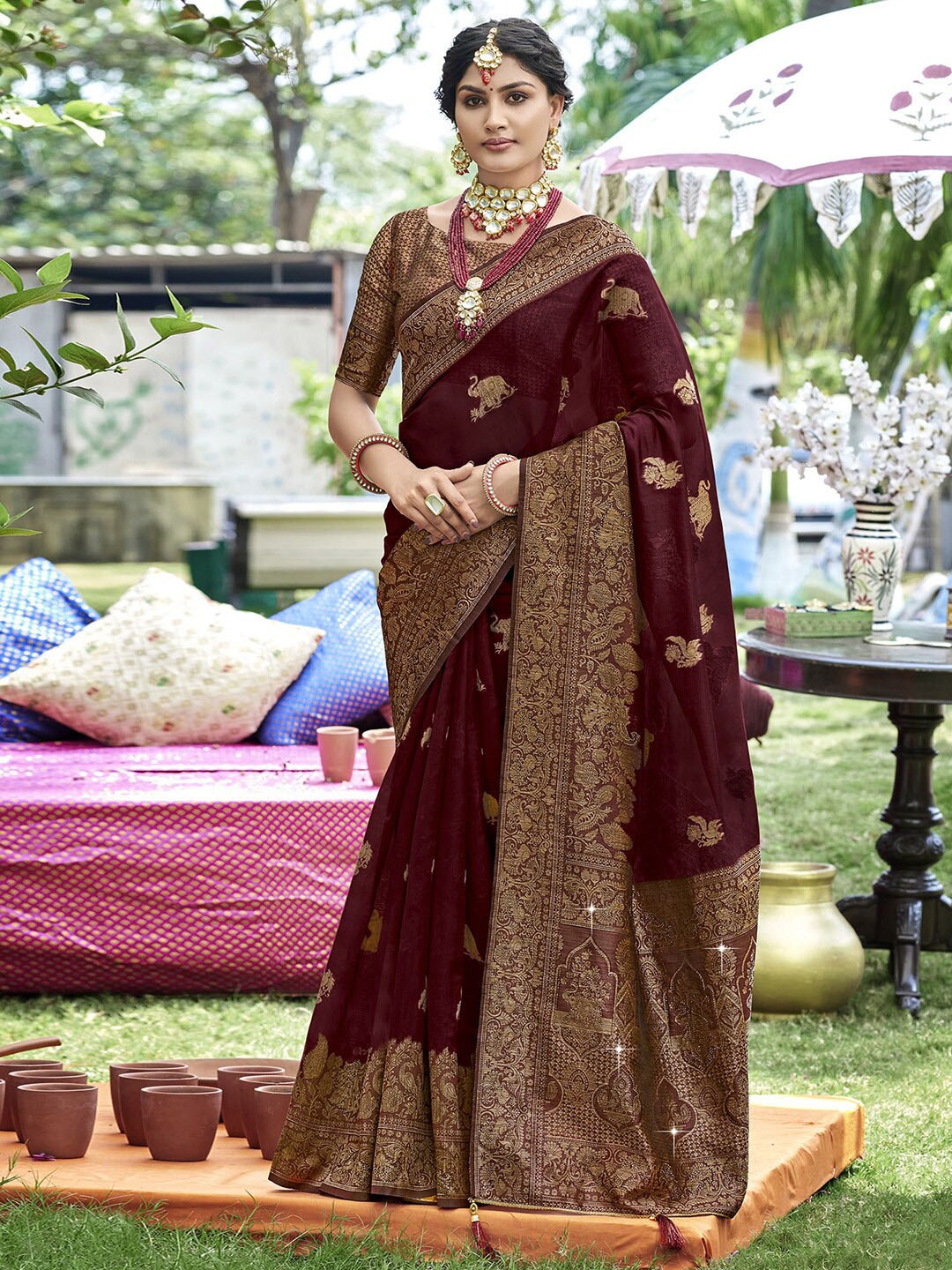

Satrani Maroon & Gold-Toned Ethnic Motifs Woven Design Zari Tissue Saree
