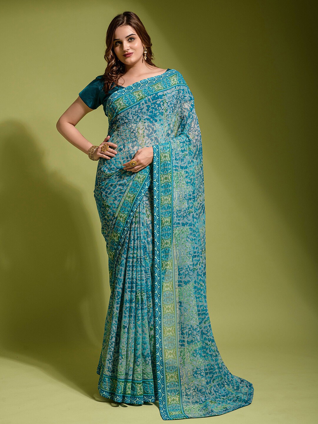 

Satrani Abstract Printed Poly Chiffon Saree, Teal