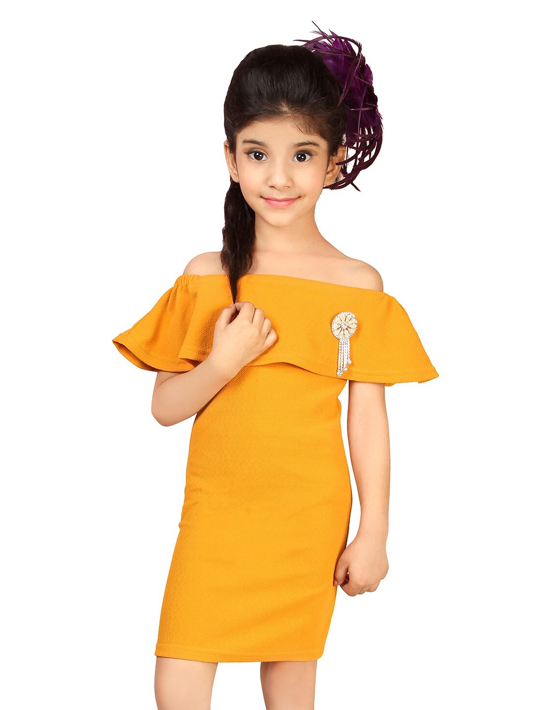 

ADDYVERO Girls Off Shoulder A-Line Dress, Yellow