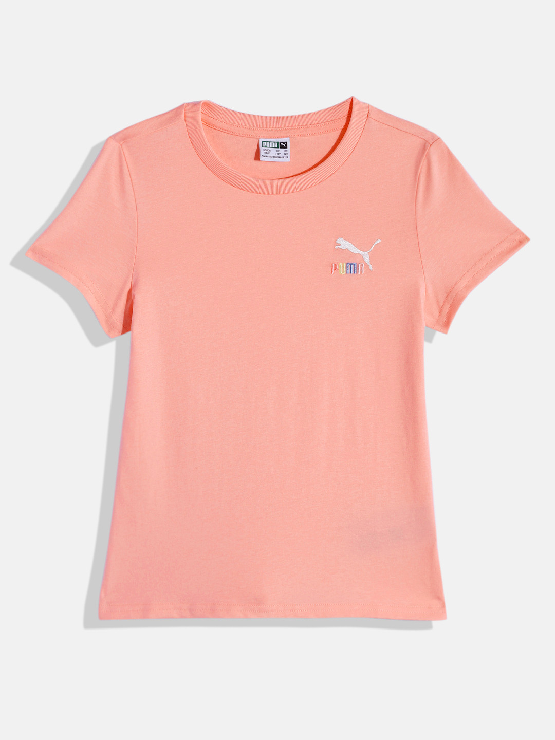 

Puma Girls Brand Logo Embroidered Classics Sweater Weather Youth Pure Cotton T-shirt, Peach