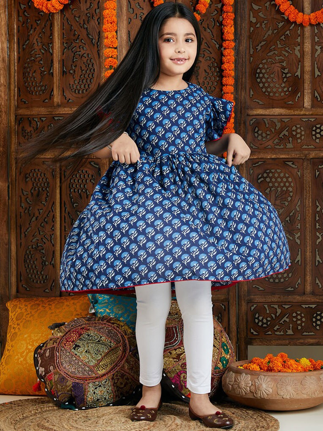 

VASTRAMAY Girls Floral Printed Anarkali Pure Cotton Kurta, Blue