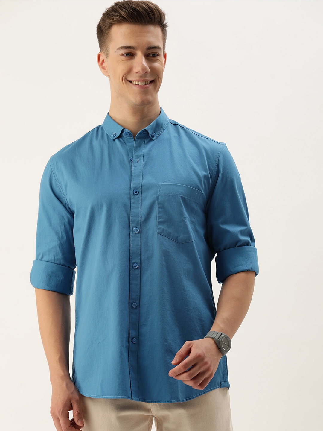 

Mast & Harbour Men Standard Opaque Cotton Casual Shirt, Turquoise blue